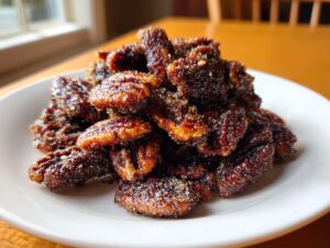 A pile of glistening, dark brown cinnamon sugar pecans piled high on a small white plate.