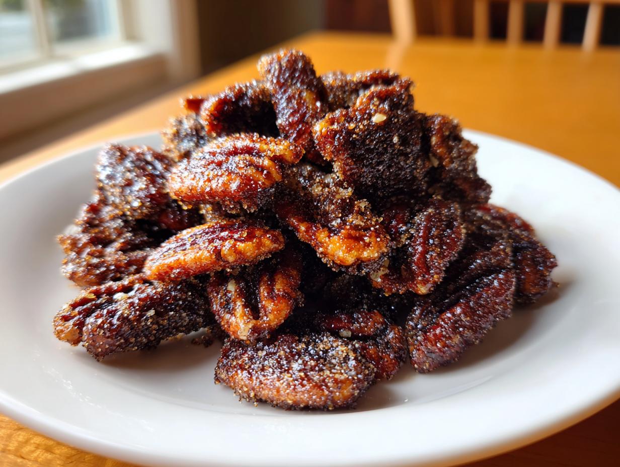 A pile of glistening, dark brown cinnamon sugar pecans piled high on a small white plate.