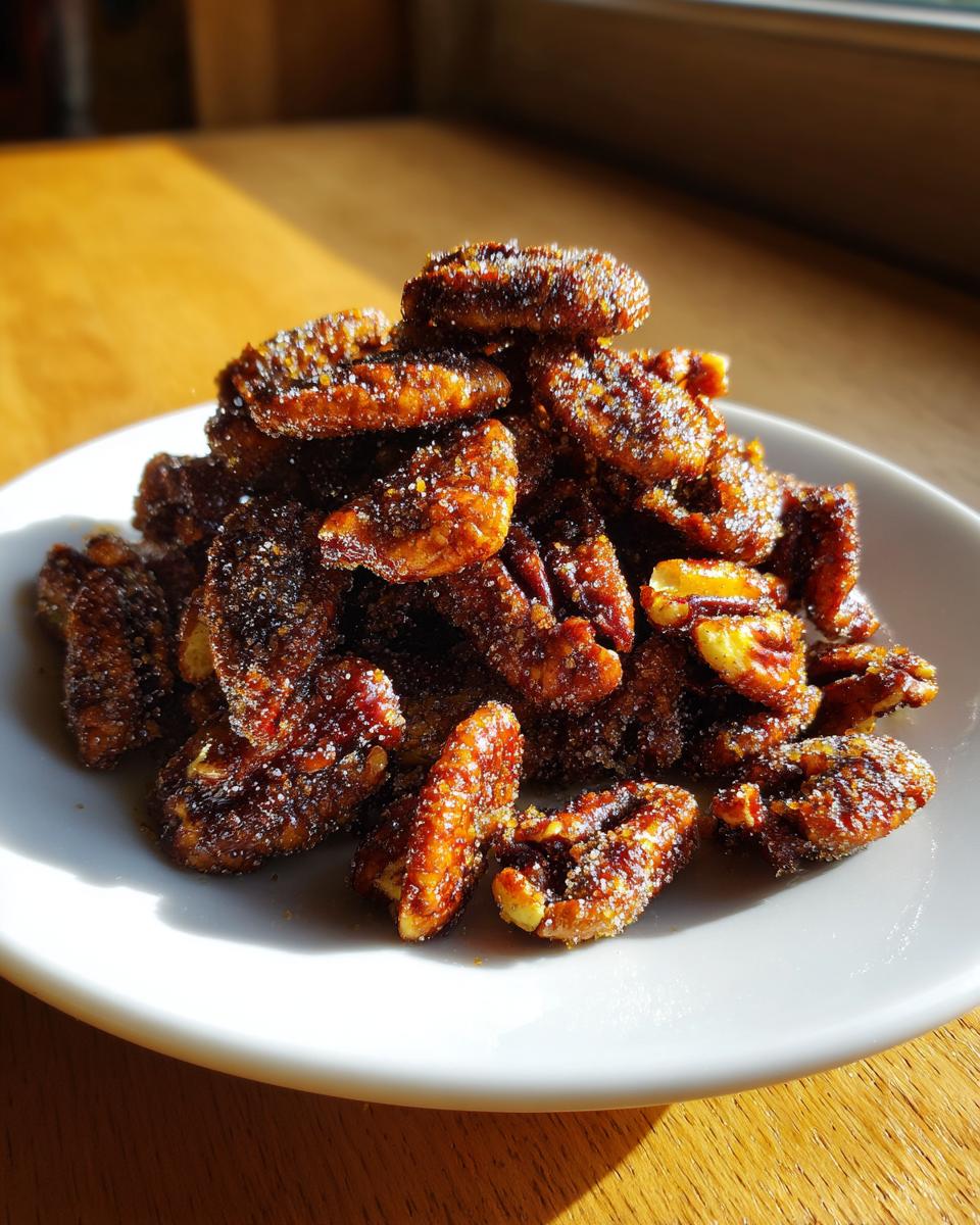 A close-up pile of glazed cinnamon sugar pecans dusted with sparkling sugar crystals on a white plate.