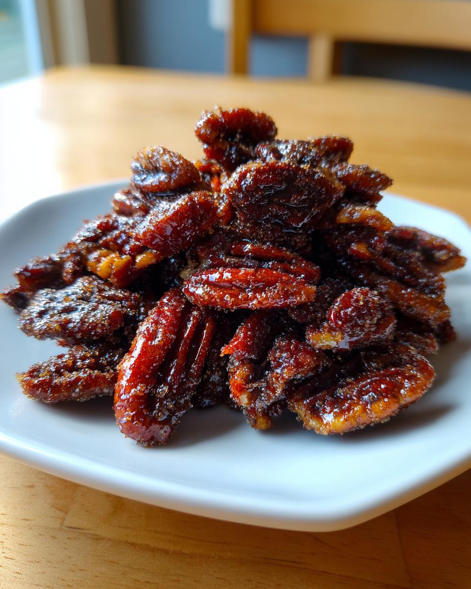A close-up of a mound of freshly made, glossy cinnamon sugar pecans piled high on a small white plate.