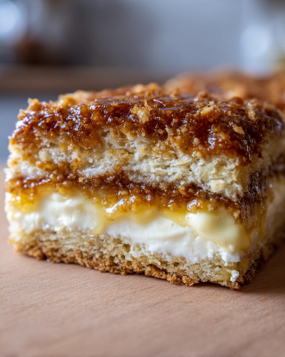 A close-up cross-section of a delicious bee sting cake showing layers of sponge, cream filling, and caramelized nut topping.