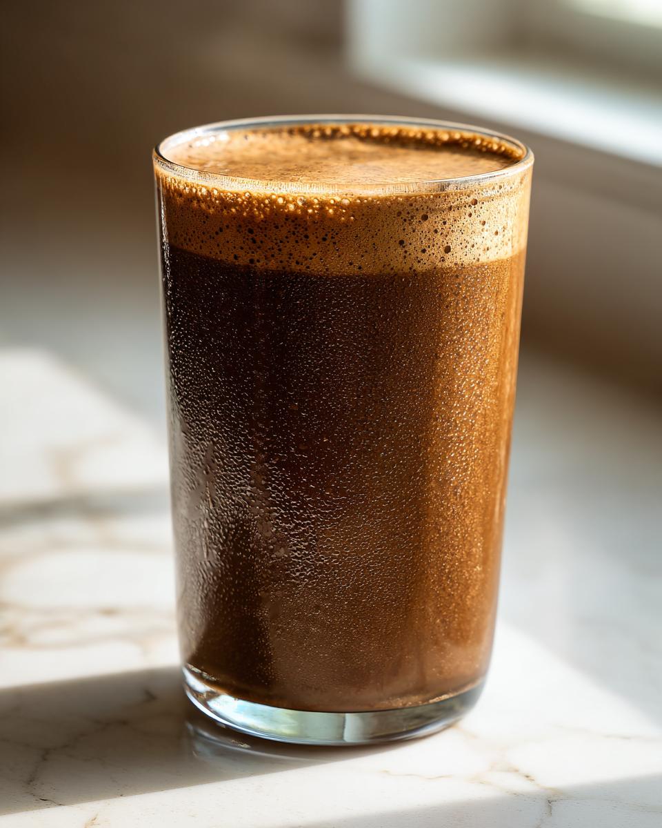 A tall glass filled with a dark, frothy Coffee Smoothie, showing condensation on the outside.