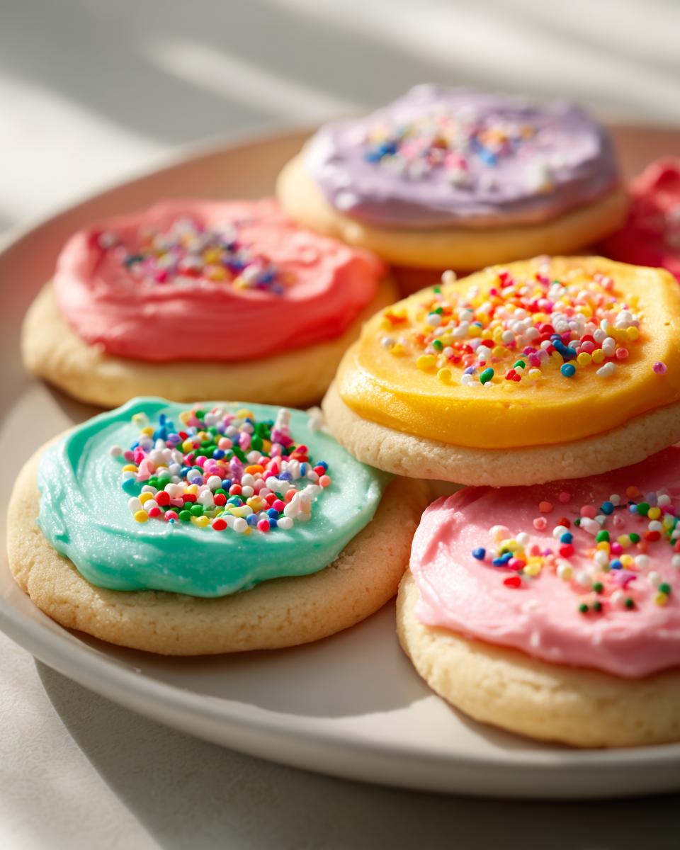 Close-up of sugar cookies topped with vibrant, colorful cookie icing and rainbow sprinkles on a white plate.