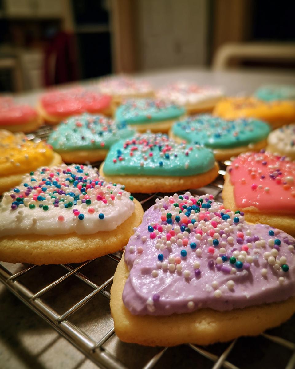 Close-up of sugar cookies with thick, colorful frosting and sprinkles made using the sugar cookie icing recipe.