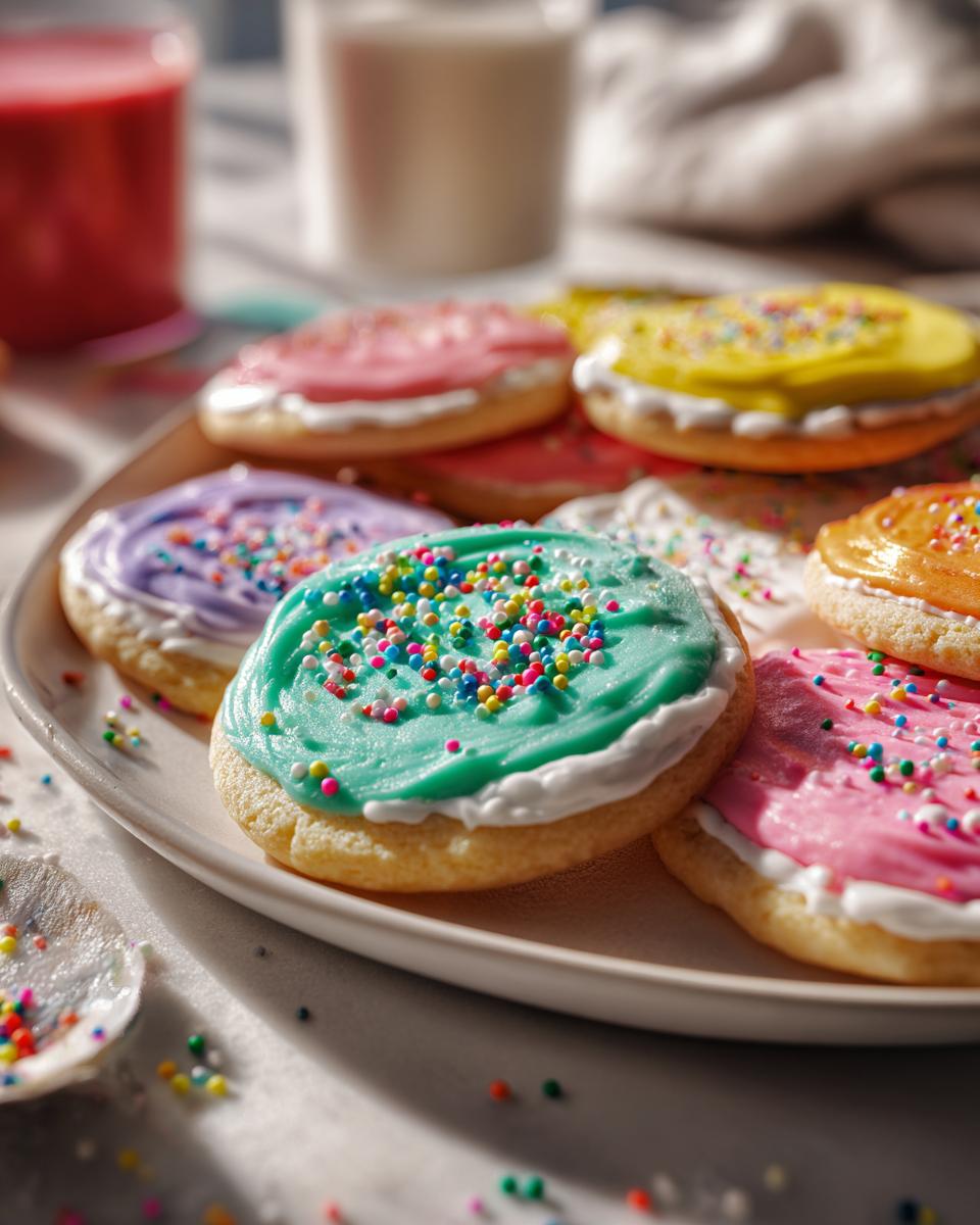 Close-up of sugar cookies decorated with vibrant, colorful frosting and sprinkles, showcasing the amazing sugar cookie icing recipe.