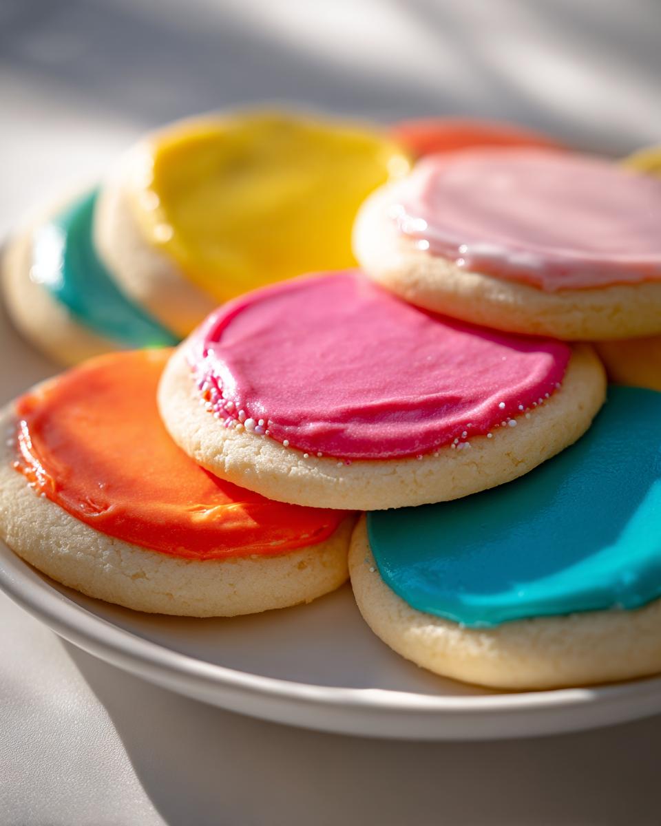 Close-up of round sugar cookies topped with vibrant, colorful cookie icing in pink, orange, yellow, and blue.