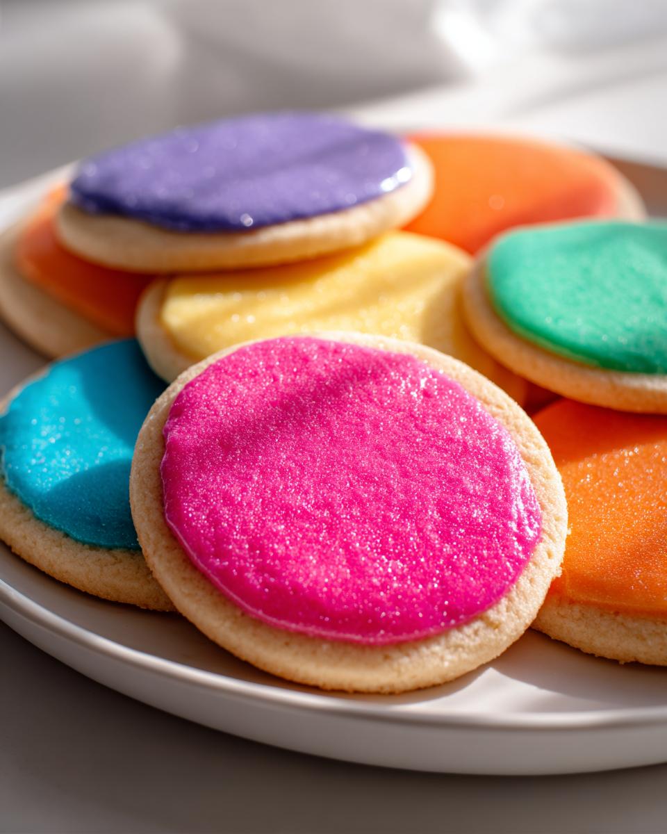 Close-up of round sugar cookies topped with vibrant, brightly colored cookie icing in pink, blue, yellow, and purple.