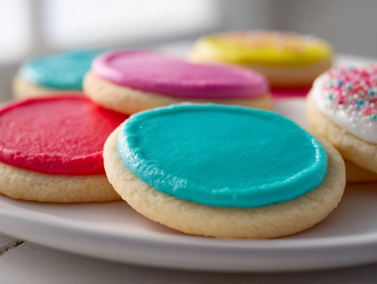 Close-up of sugar cookies topped with vibrant, smooth cookie icing in teal, pink, and white with sprinkles.