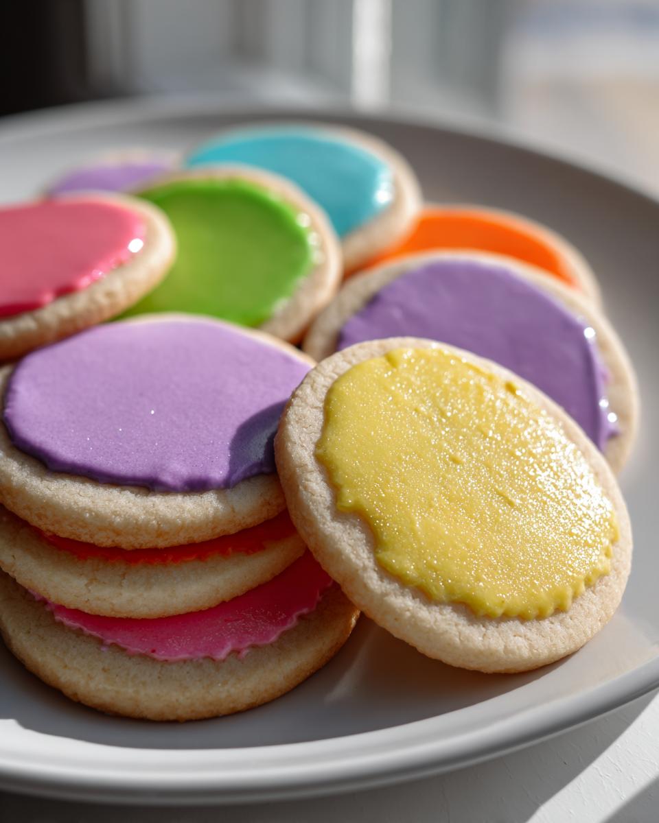 A stack of round sugar cookies topped with vibrant, brightly colored cookie icing in yellow, purple, pink, and green.