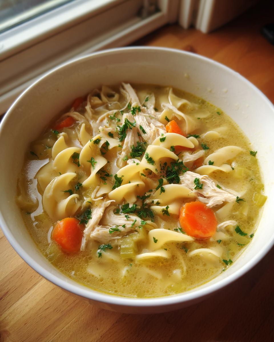 Close-up of a white bowl filled with homemade chicken soup featuring egg noodles, shredded chicken, carrots, and parsley garnish.