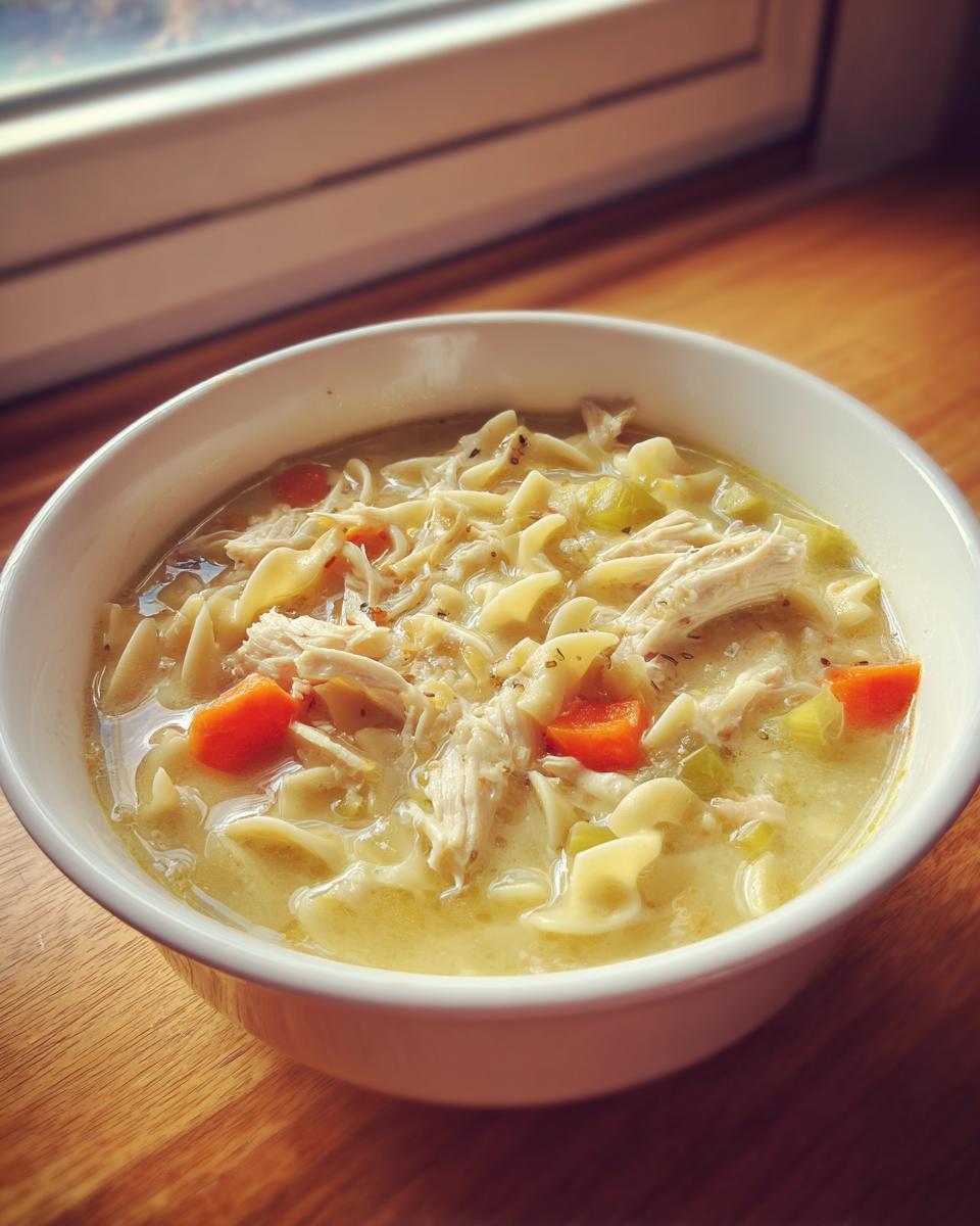A close-up of a white bowl filled with comforting chicken soup, featuring shredded chicken, egg noodles, carrots, and celery.
