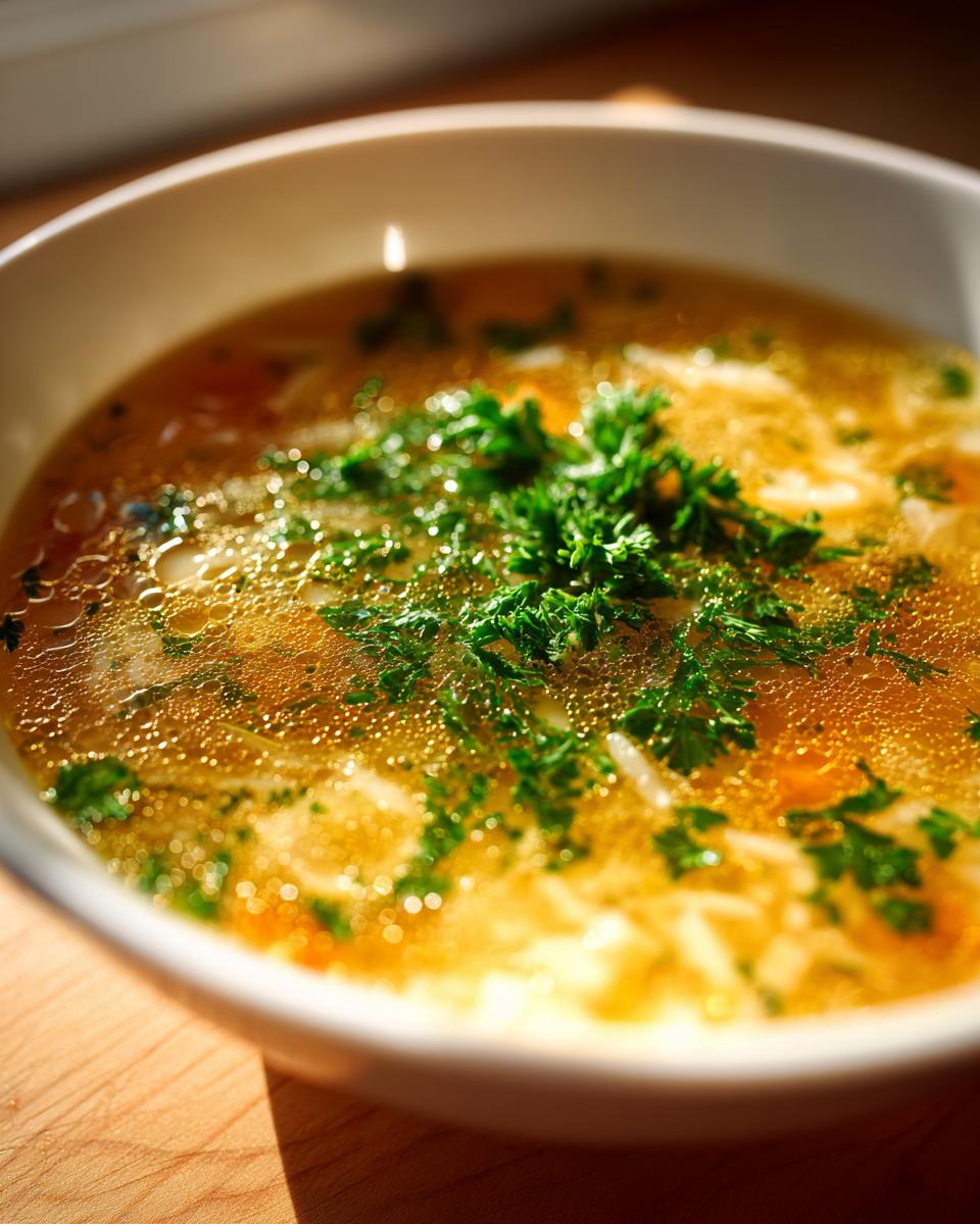 Close-up of a white bowl filled with warm pastina soup, garnished heavily with fresh green parsley.