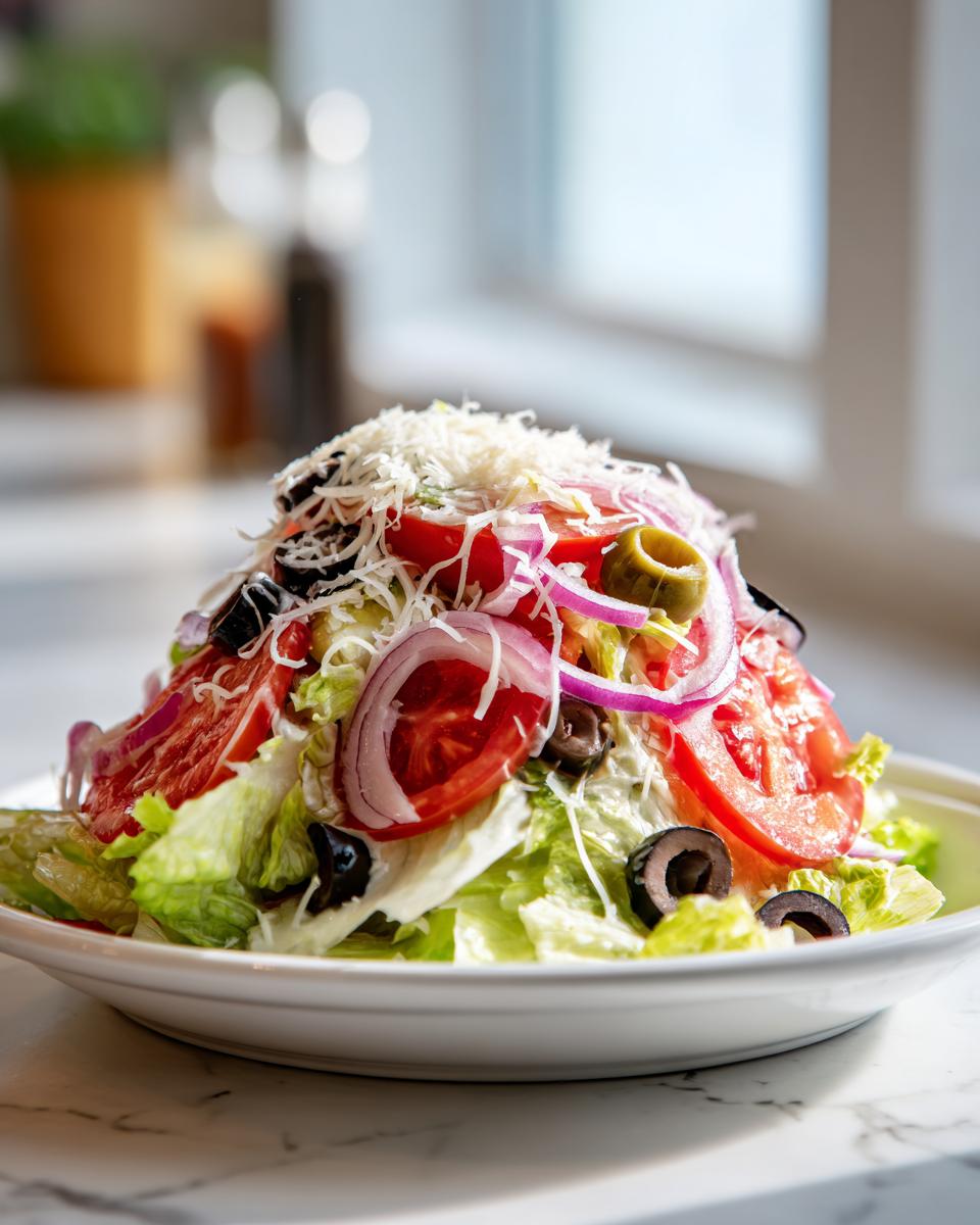 A tall mound of copycat Olive Garden salad featuring crisp lettuce, red onion, tomatoes, olives, and shredded Parmesan cheese.