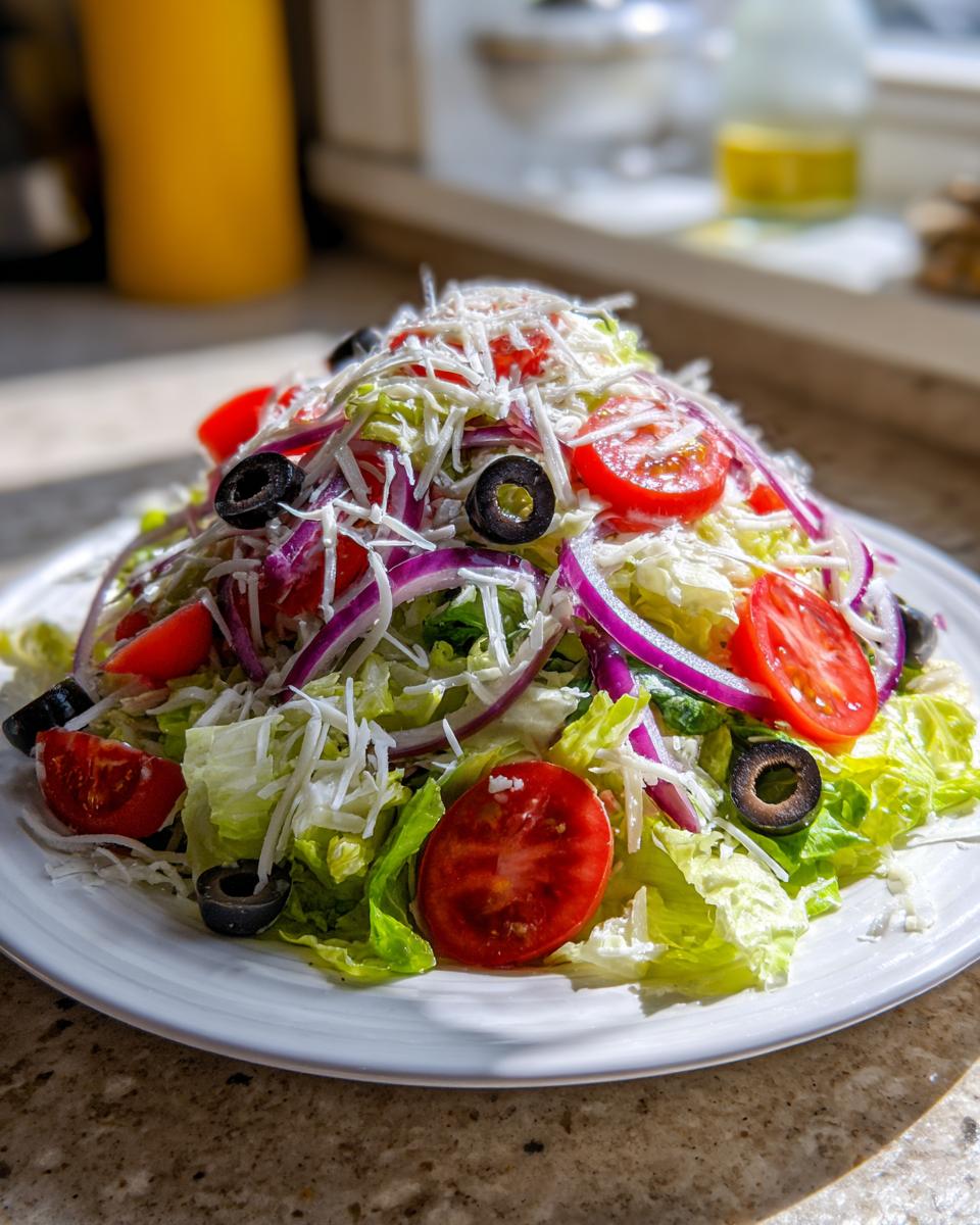 A tall mound of copycat Olive Garden salad featuring lettuce, red onion, tomatoes, olives, and shredded cheese.