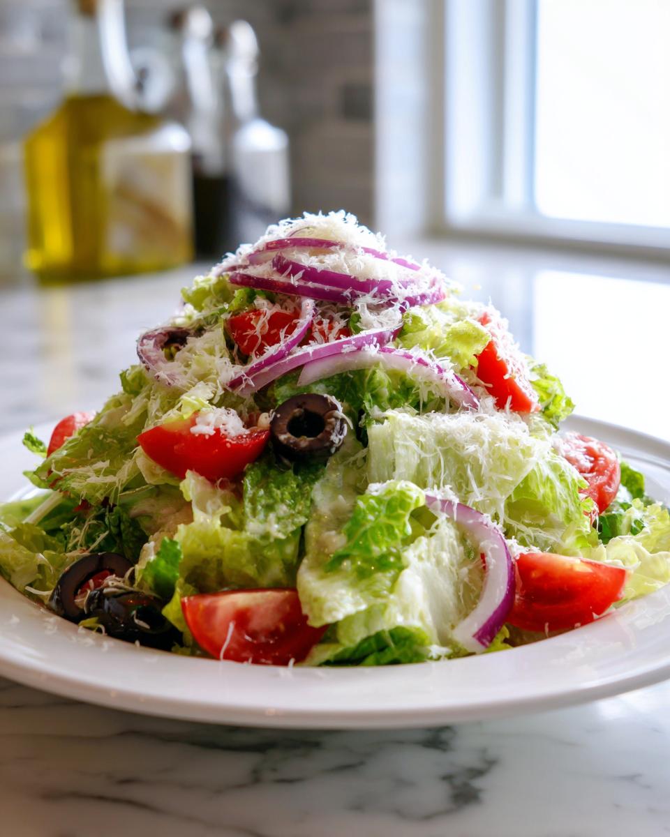 A tall mound of copycat Olive Garden salad featuring crisp lettuce, tomatoes, black olives, red onion, and shredded Parmesan cheese.