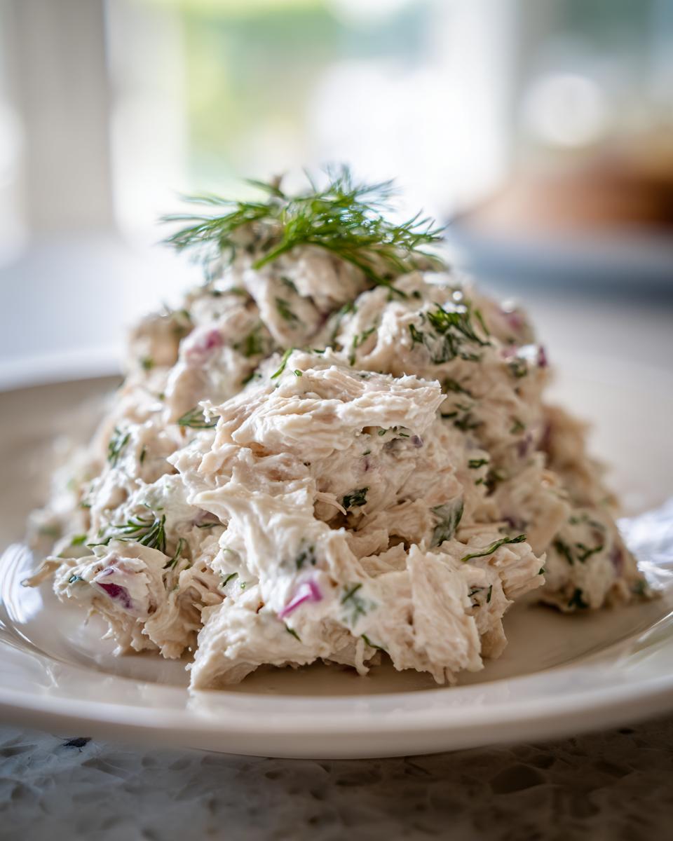 A mound of creamy cottage cheese chicken salad mixed with herbs and red onion, topped with fresh dill.