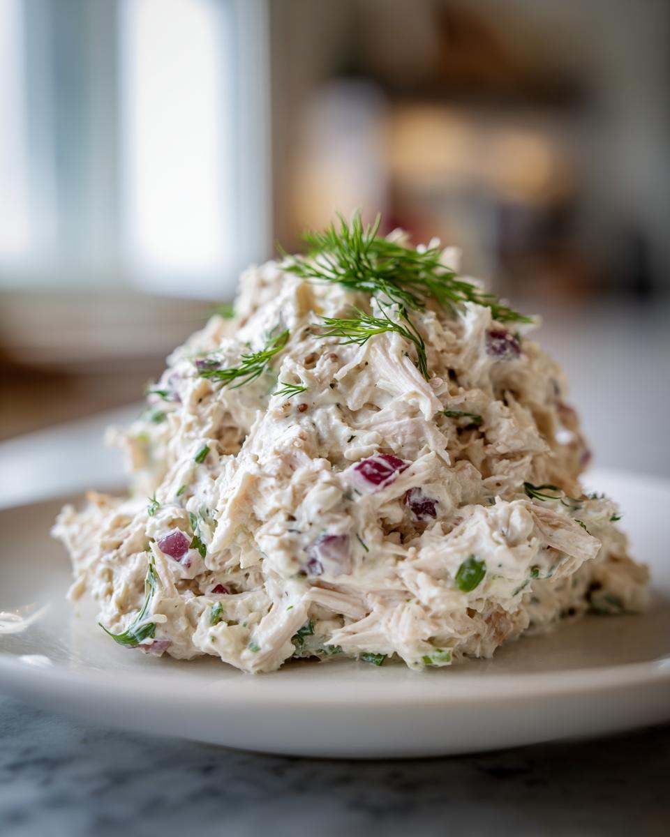 A mound of creamy cottage cheese chicken salad mixed with red onion and topped with fresh dill on a white plate.