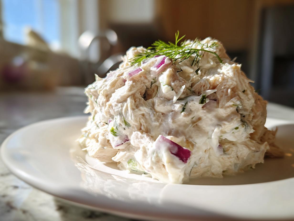 A scoop of creamy cottage cheese chicken salad mixed with red onion and topped with fresh dill, served on a white plate.