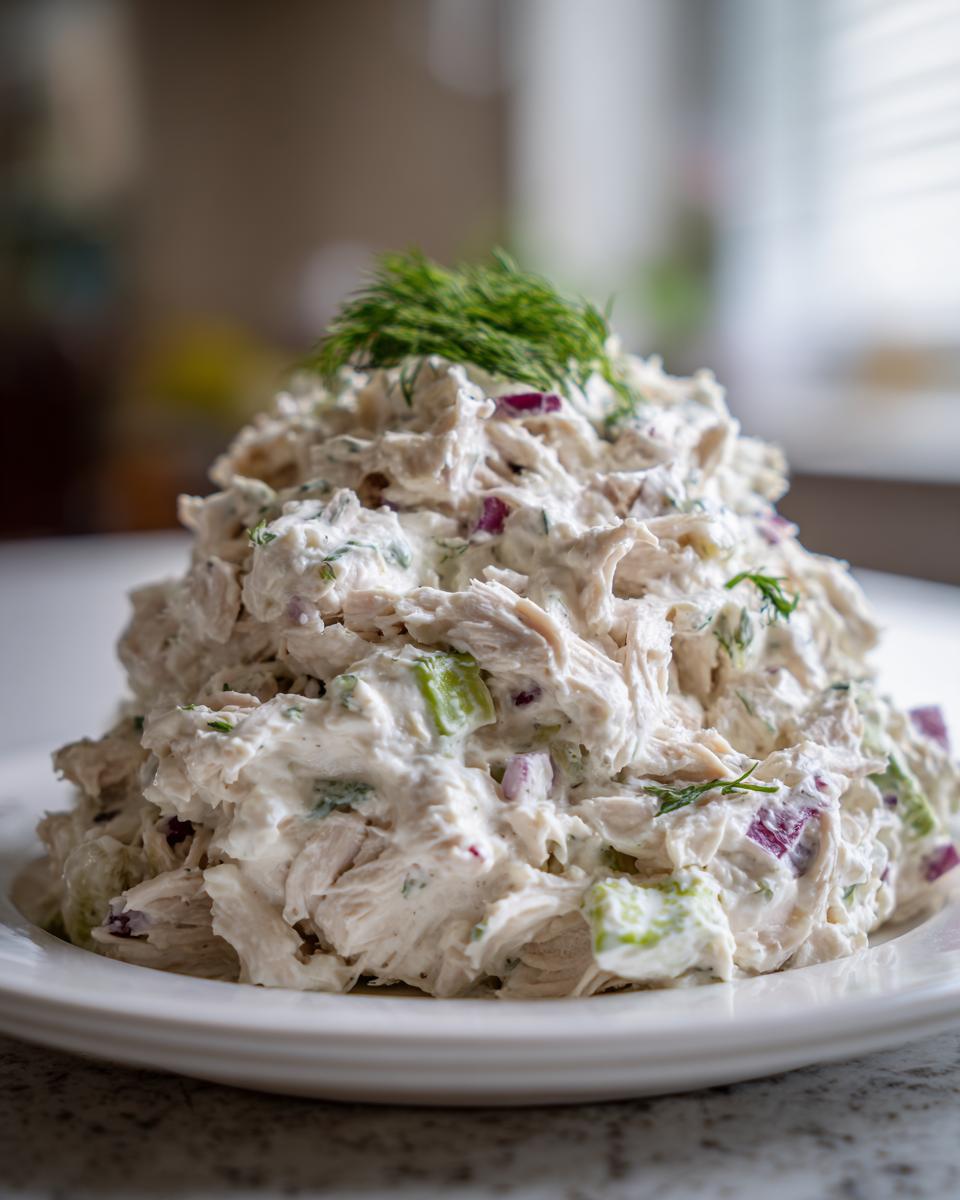 A generous mound of creamy cottage cheese chicken salad mixed with red onion and celery, topped with fresh dill.