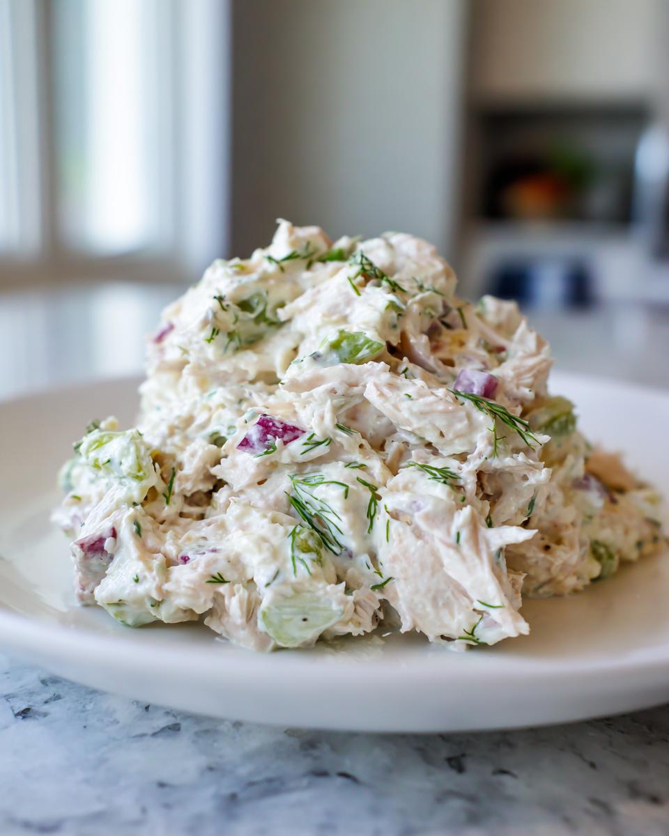 A mound of creamy cottage cheese chicken salad featuring shredded chicken, celery, red onion, and fresh dill on a white plate.