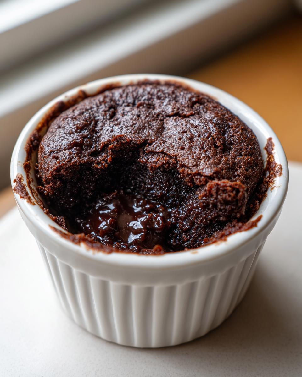 Close-up of a rich, dark Cottage Cheese Microwave Brownie with a molten center in a white fluted ramekin.
