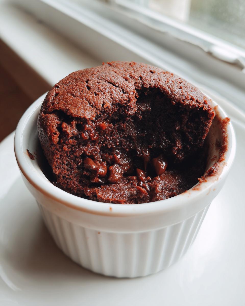 Close-up of a warm Cottage Cheese Microwave Brownie with a bite taken out, showing a gooey center with chocolate chips.