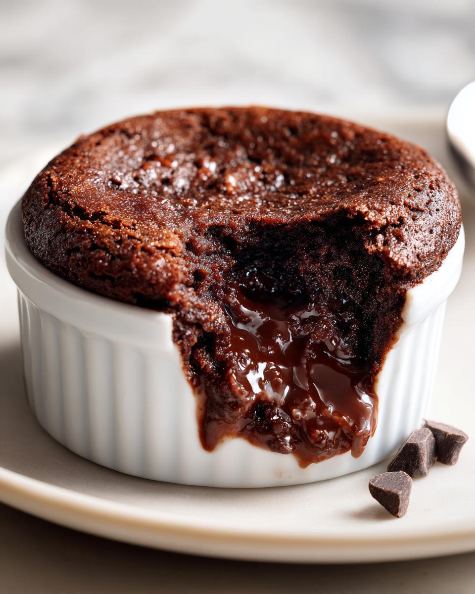 Close-up of a warm Cottage Cheese Microwave Brownie with a molten chocolate center oozing out of a white ramekin.