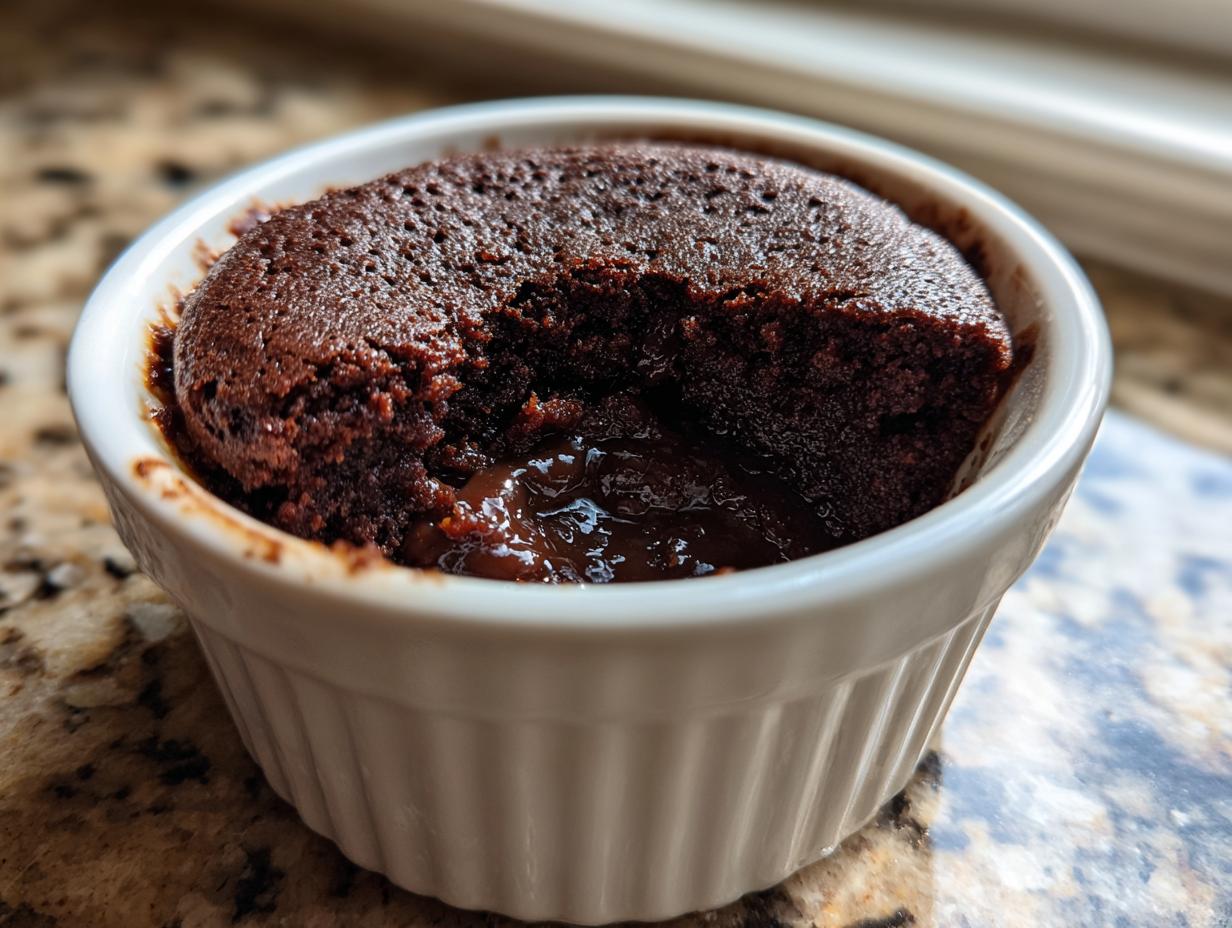 Close-up of a warm Cottage Cheese Microwave Brownie in a white ramekin with a gooey, molten chocolate center.