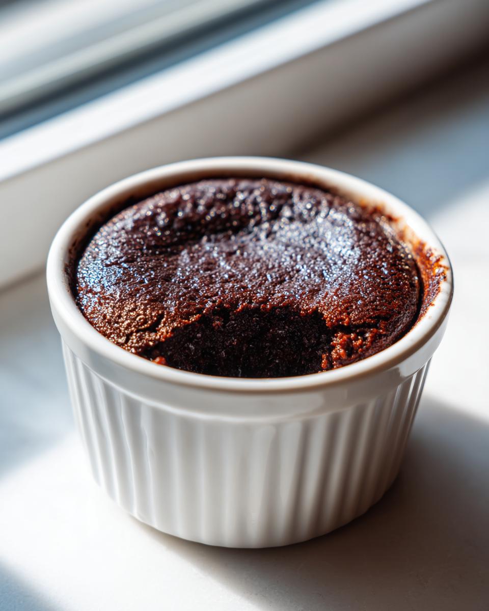 A rich, dark Cottage Cheese Microwave Brownie baked in a white, fluted ramekin with a bite taken out.