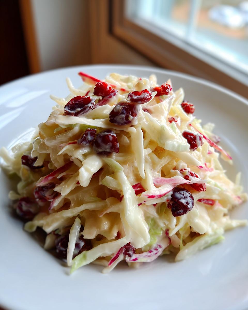 A mound of creamy apple cranberry coleslaw featuring shredded cabbage, red cabbage, and dried cranberries, served on a white plate.