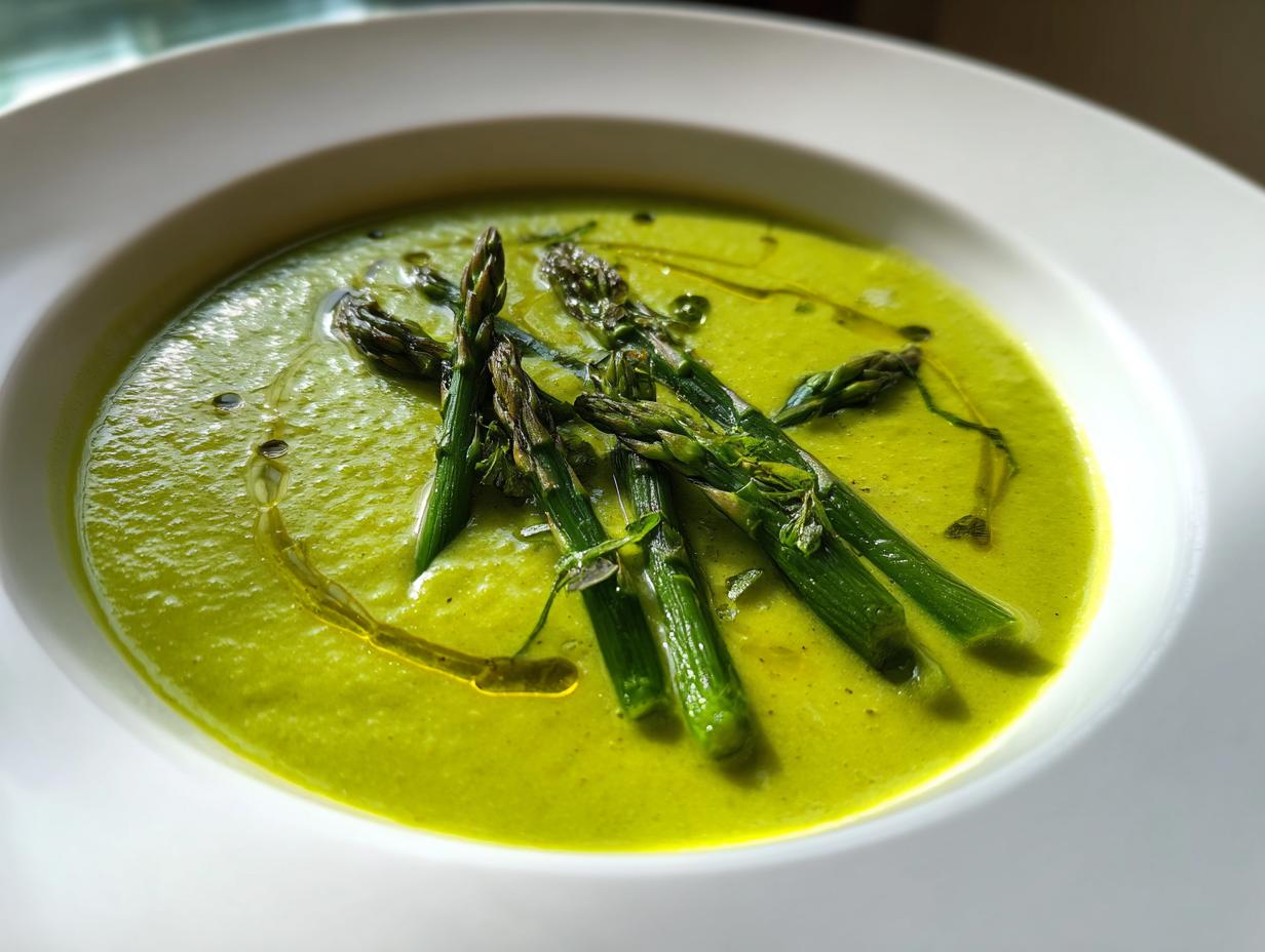 A vibrant green bowl of creamy asparagus soup, garnished with whole asparagus tips and a drizzle of olive oil.