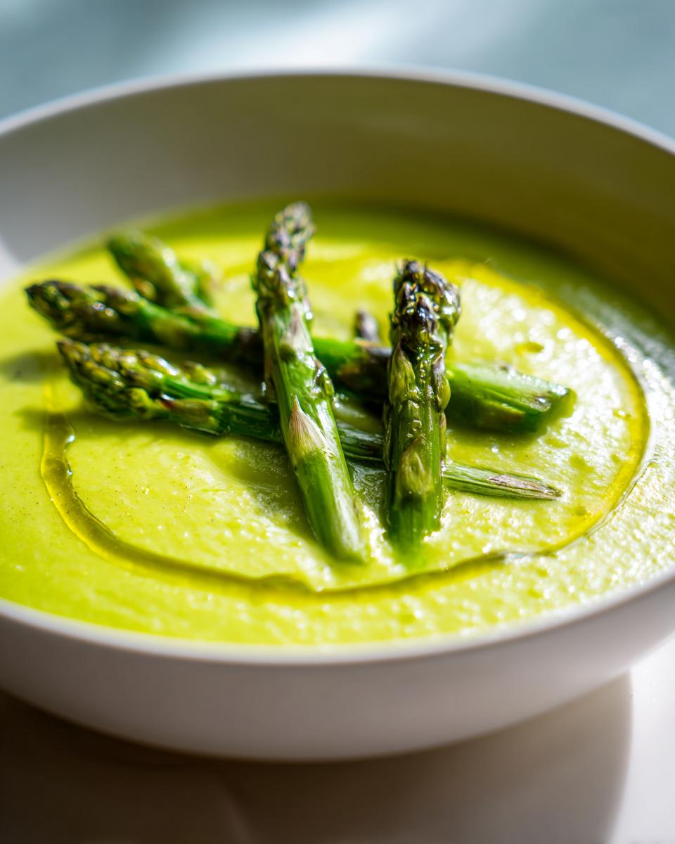 Close-up of vibrant green creamy asparagus soup topped with blanched asparagus spears and a drizzle of olive oil.