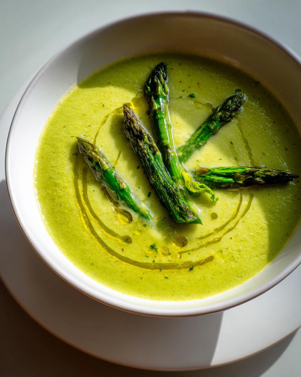 A vibrant green bowl of creamy asparagus soup topped with roasted asparagus spears and a drizzle of olive oil.