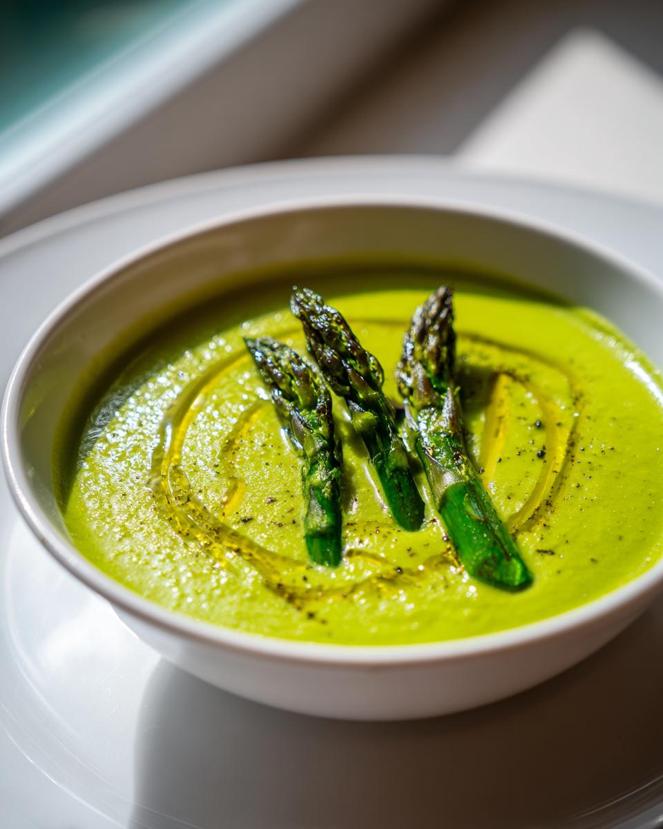 A vibrant green bowl of creamy asparagus soup topped with three roasted asparagus tips and a drizzle of olive oil.