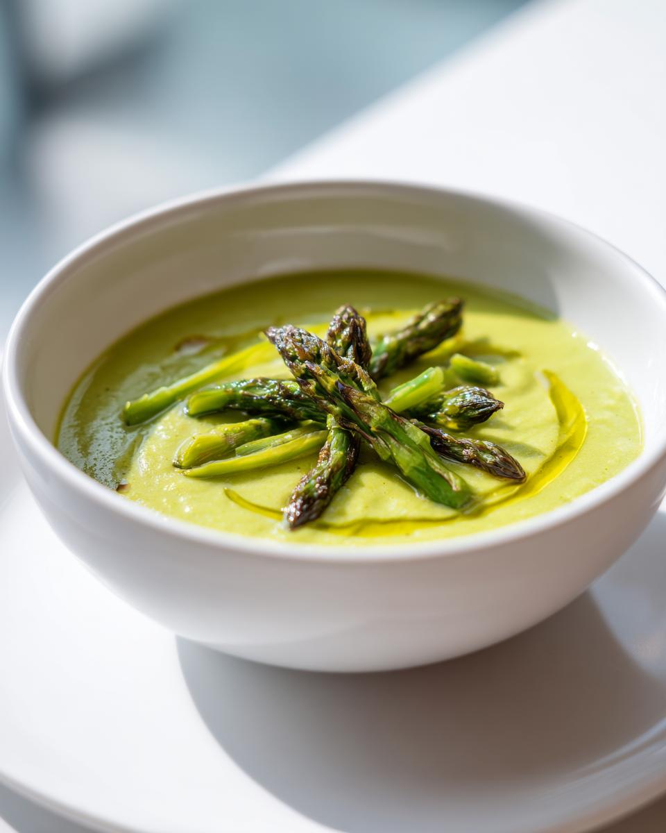 A bowl of vibrant green, creamy asparagus soup topped with roasted asparagus tips and a drizzle of olive oil.