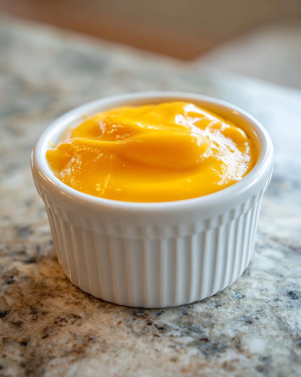 A close-up of smooth, bright orange beer cheese dip served in a small white fluted ramekin.