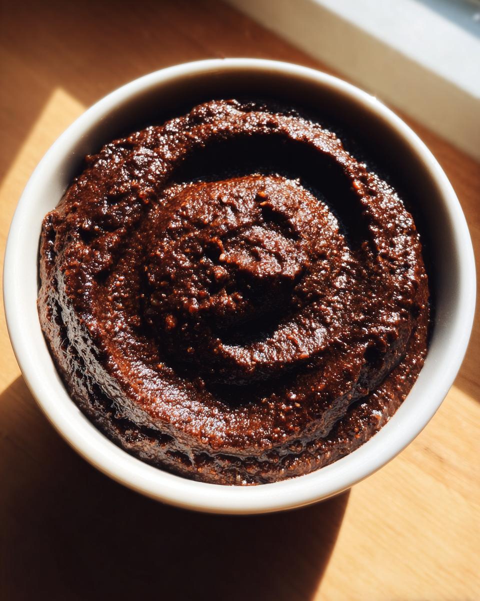 Overhead close-up of rich, dark brown, creamy black bean dip swirled in a white bowl.
