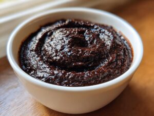 Close-up of rich, dark, creamy black bean dip swirled in a small white bowl.