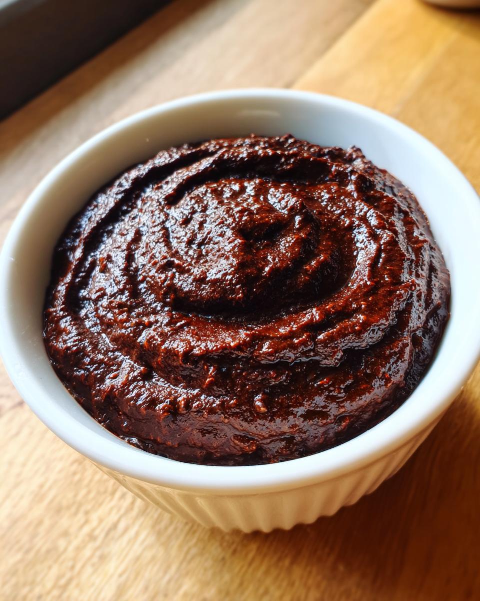 Close-up of rich, dark, creamy black bean dip swirled in a small white bowl on a wooden surface.