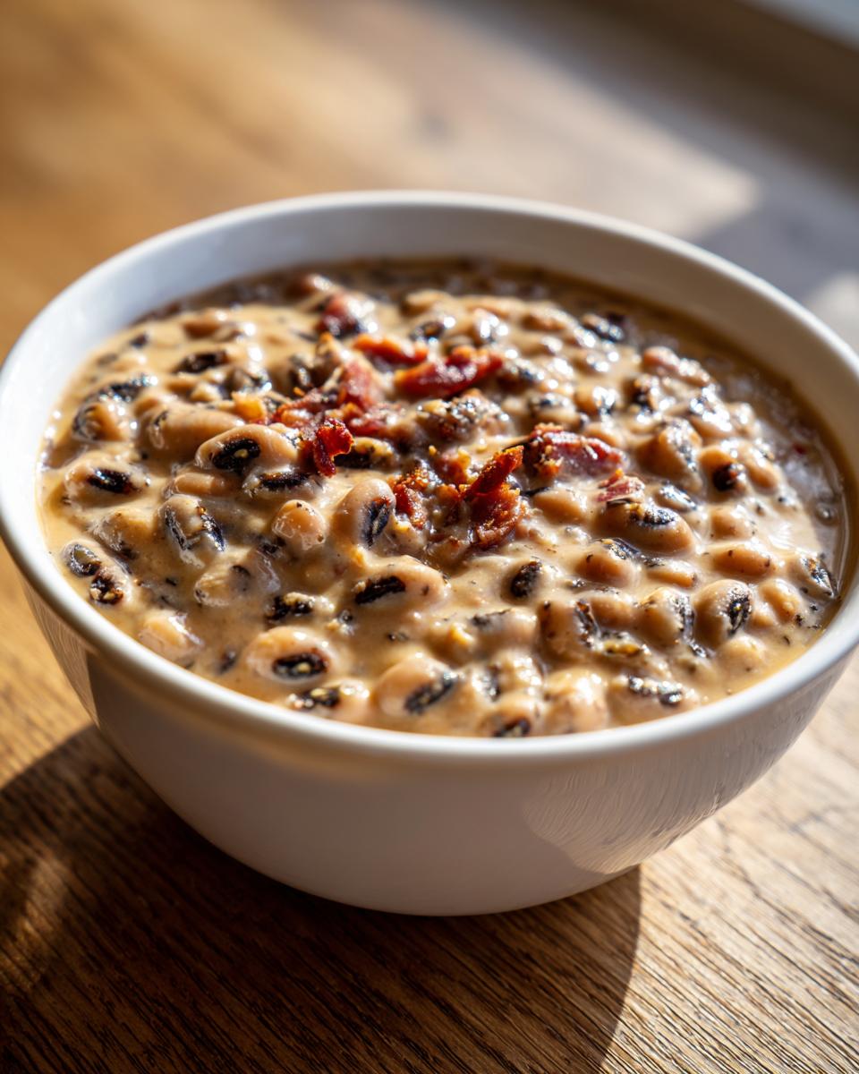 A close-up of a white bowl filled with creamy black eyed peas topped with crispy bacon pieces.