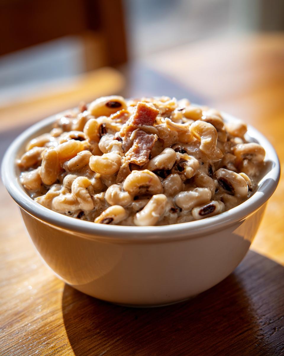 A close-up of creamy black eyed peas topped with bacon served in a white bowl on a wooden surface.