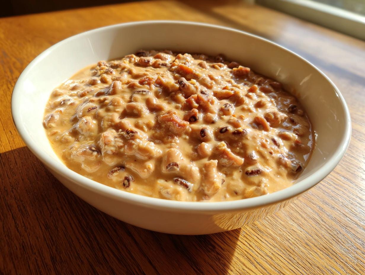A white bowl filled with creamy, savory black eyed peas cooked in a rich sauce, sitting on a wooden table.