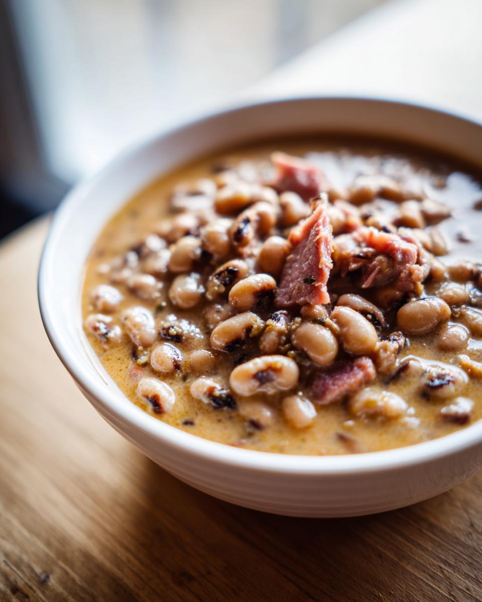 Close-up of a creamy bowl of black eyed peas cooked with pieces of ham, served on a wooden surface.