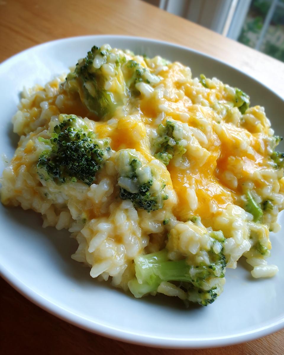 Close-up of a creamy serving of broccoli rice topped with melted cheddar cheese on a white plate.