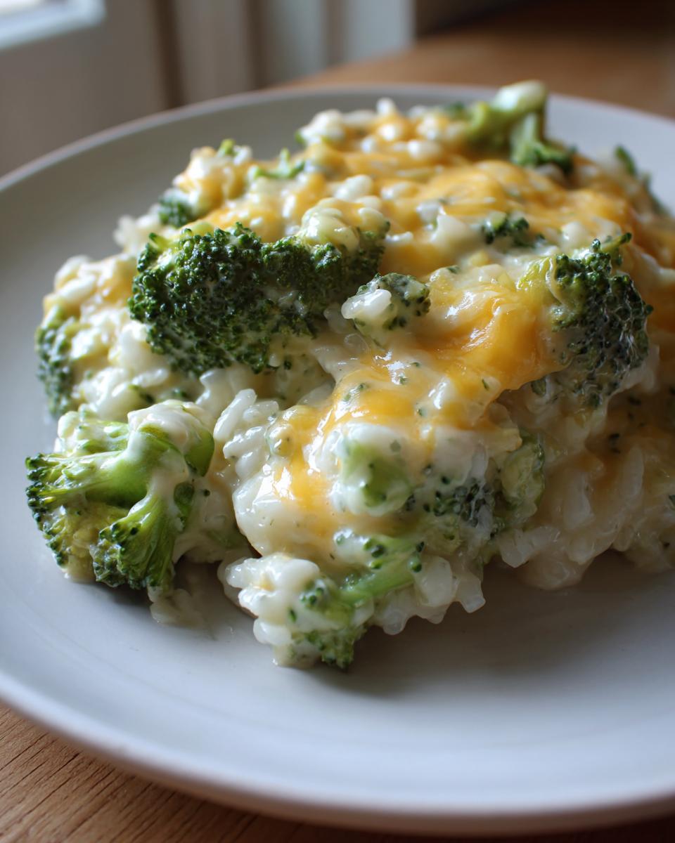 A close-up of creamy broccoli rice topped with melted cheddar cheese, showcasing the vibrant green broccoli florets.
