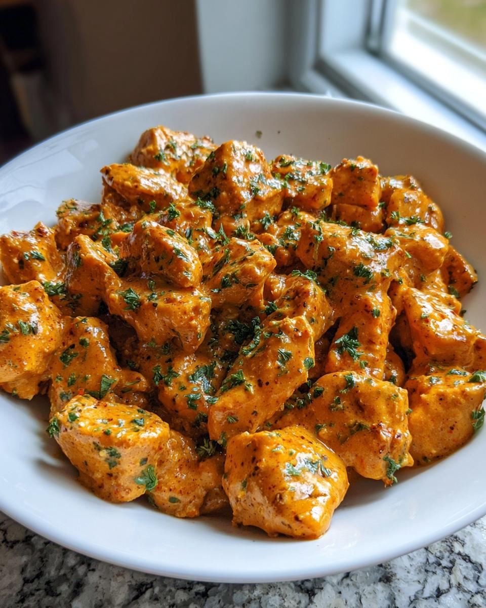 Close-up of bite-sized pieces of Cajun chicken coated in a rich, orange-hued creamy sauce and sprinkled with parsley.