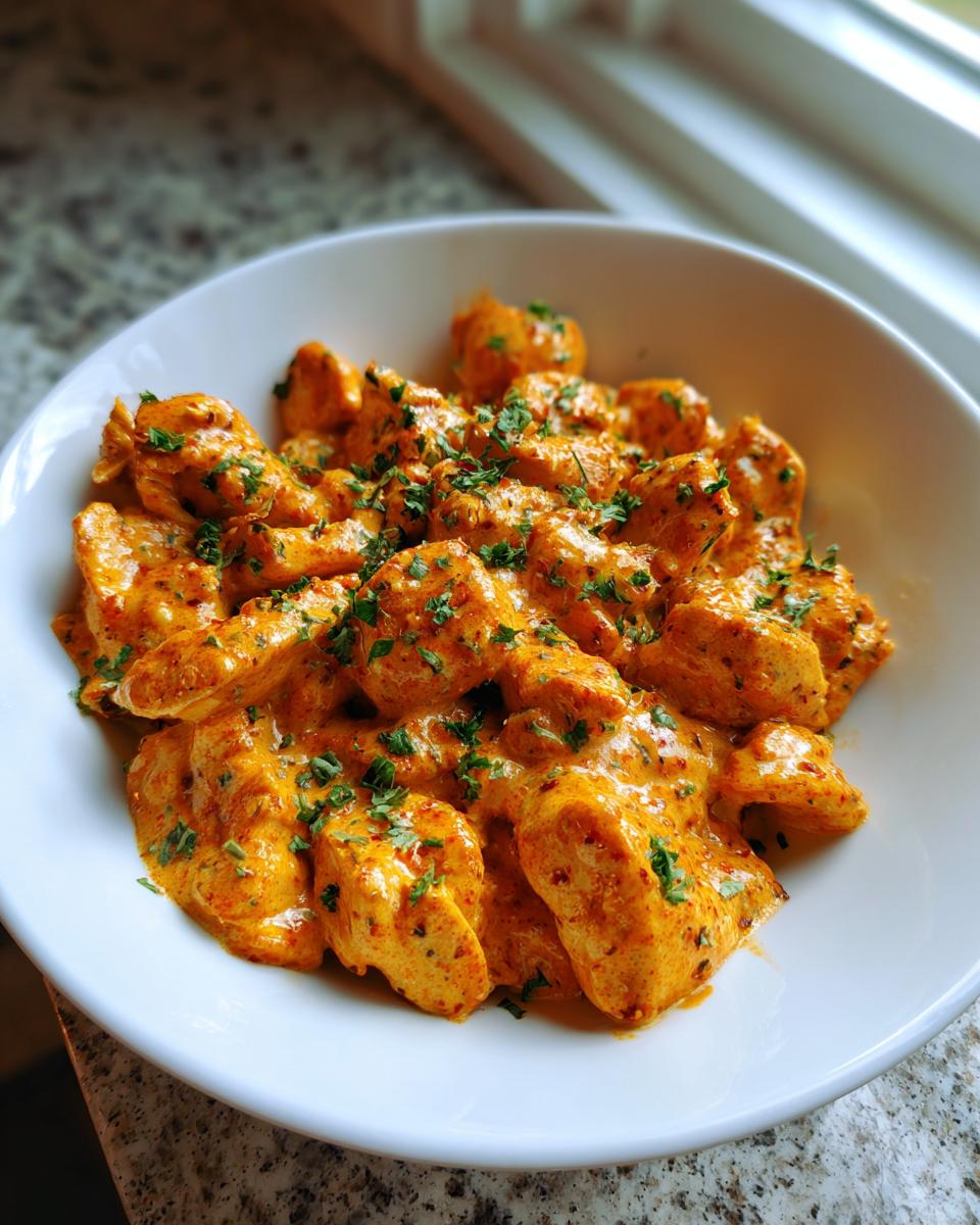 Close-up of creamy, orange-sauced Cajun chicken pieces garnished with fresh parsley in a white bowl.
