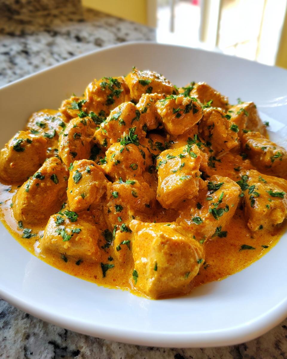 Close-up of tender chunks of Cajun chicken coated in a rich, creamy orange sauce and garnished with fresh parsley.