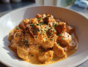 Close-up of tender pieces of Cajun chicken coated in a rich, creamy orange sauce and sprinkled with fresh parsley.