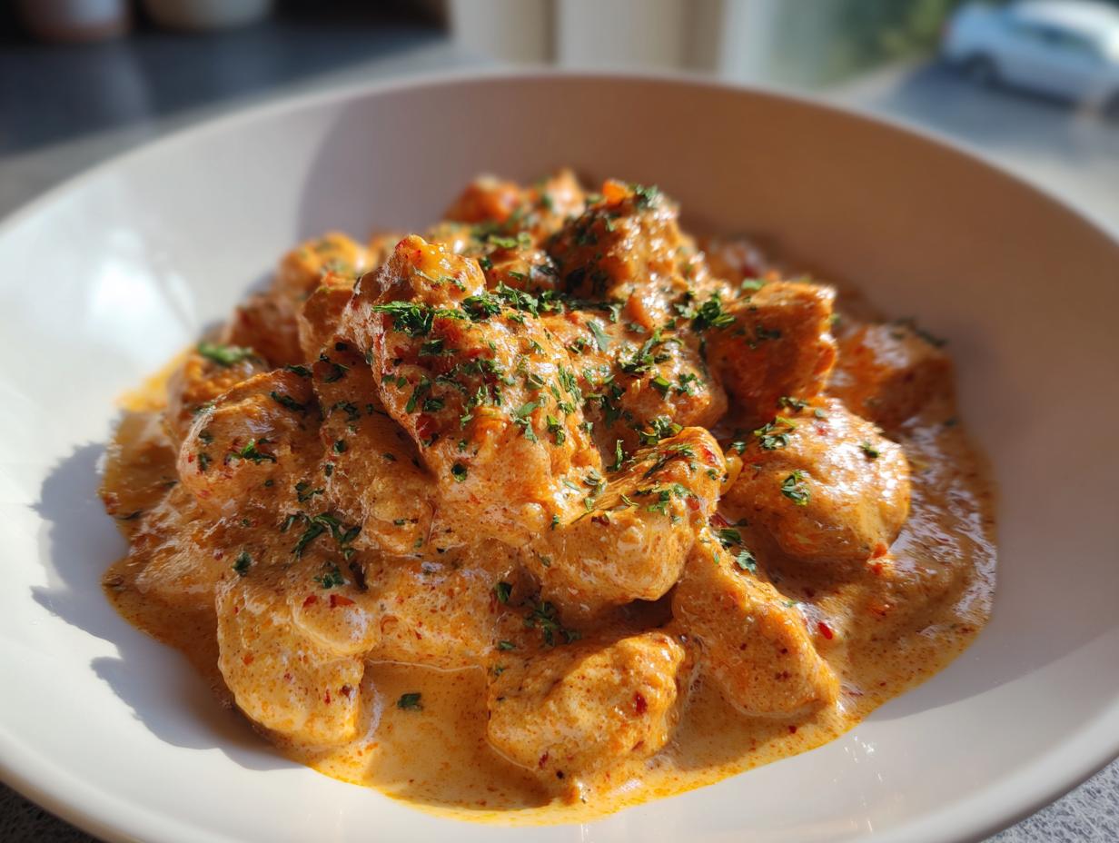 Close-up of tender pieces of Cajun chicken coated in a rich, creamy orange sauce and sprinkled with fresh parsley.